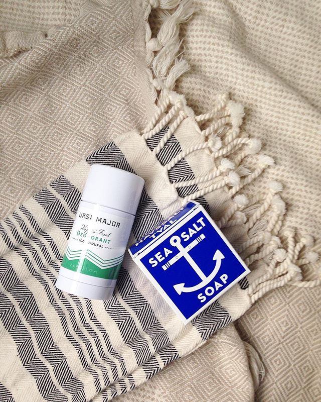 Bathroom essentials you can find at the shop: Ursa Major all-natural deodorant, Sea Salt Soap, soft cotton striped hand & face towel.
