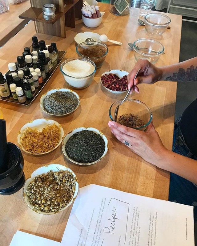 @kore.herbal drop in Sugar Scrub bar is open from 1 - 3pm today.  Stop by the shop and make your very own custom scrub with all natural sugar, oils, flowers and herbs.