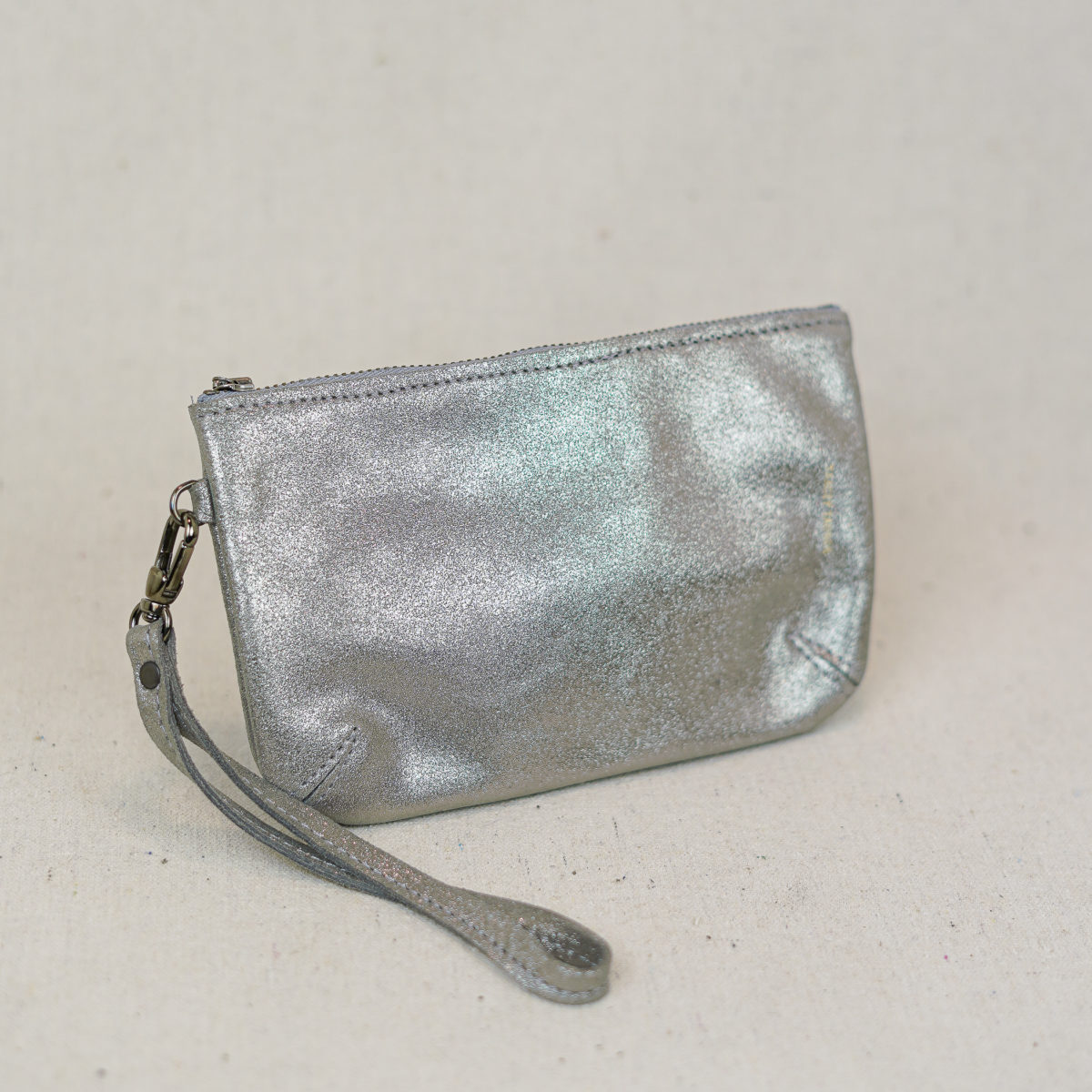 small-silver-sparkle-leather-wristlet